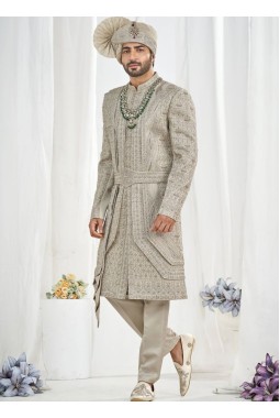Pista Art Silk Embroidery Mens Wedding Sherwani