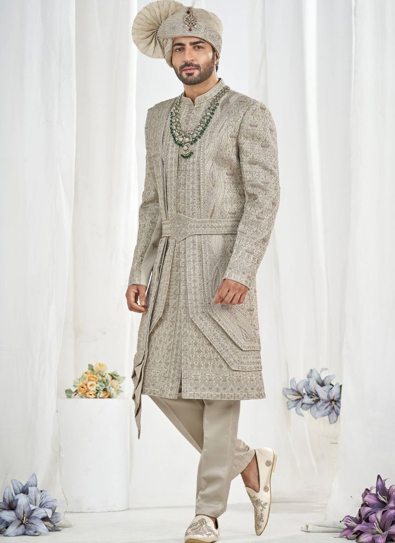 Pista Art Silk Embroidery Mens Wedding Sherwani