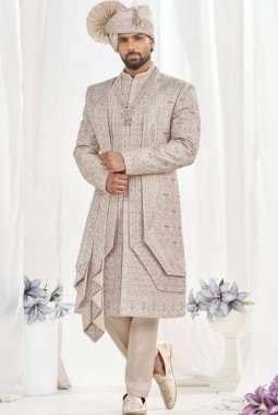 Rose Gold Art Silk Embroidery Mens Wedding Sherwani