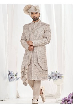 Rose Gold Art Silk Embroidery Mens Wedding Sherwani