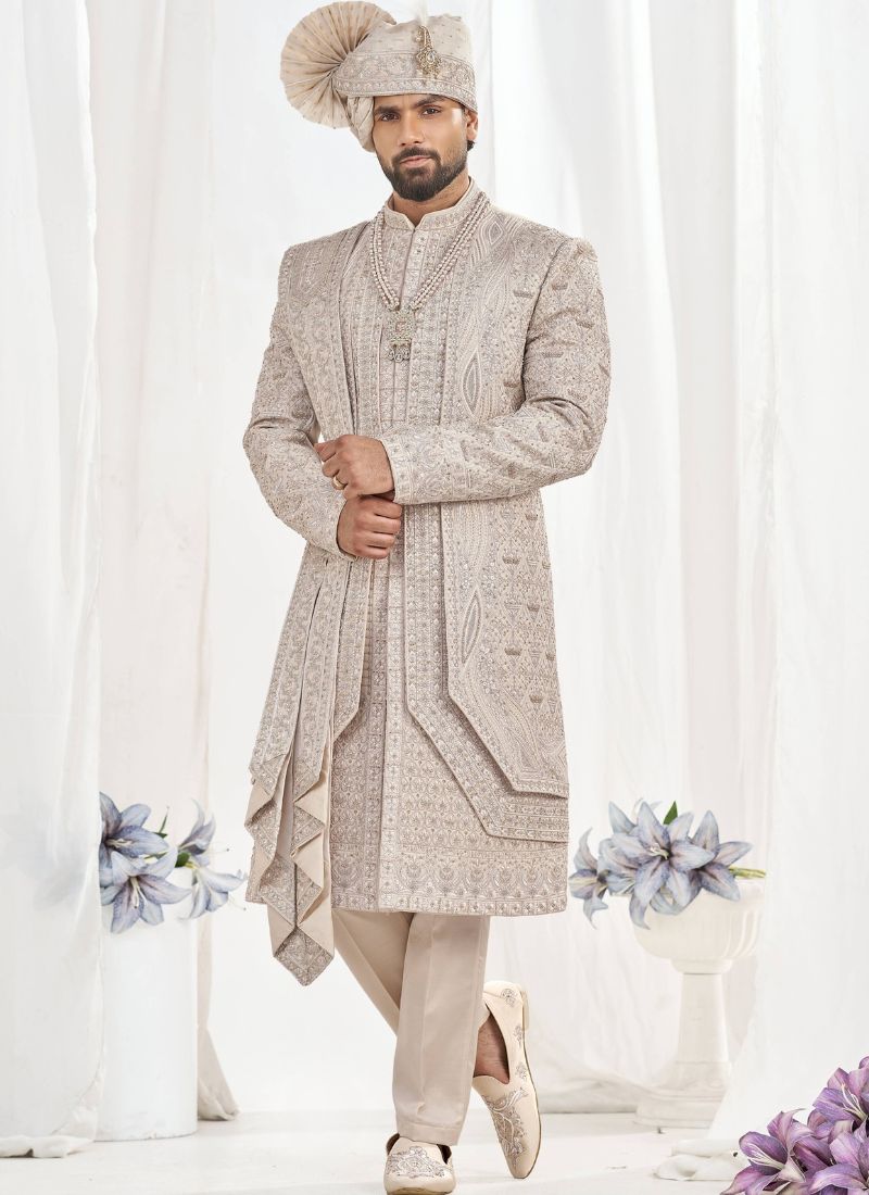 Rose Gold Art Silk Embroidery Mens Wedding Sherwani