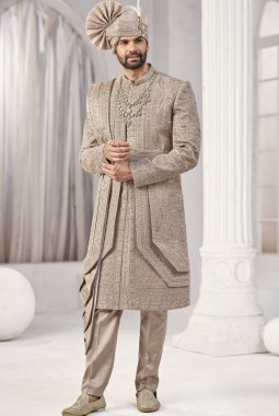Rust Art Silk Embroidery Mens Wedding Sherwani 