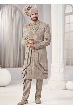 Rust Art Silk Embroidery Mens Wedding Sherwani 