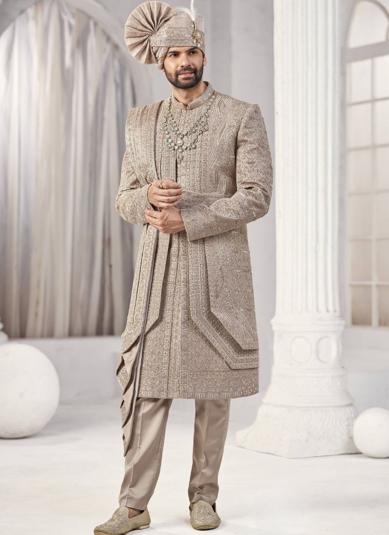 Rust Art Silk Embroidery Mens Wedding Sherwani 