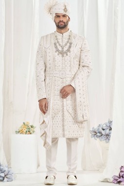 Cream Art Silk Embroidery Mens Wedding Sherwani