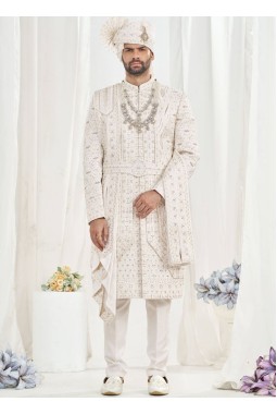 Cream Art Silk Embroidery Mens Wedding Sherwani