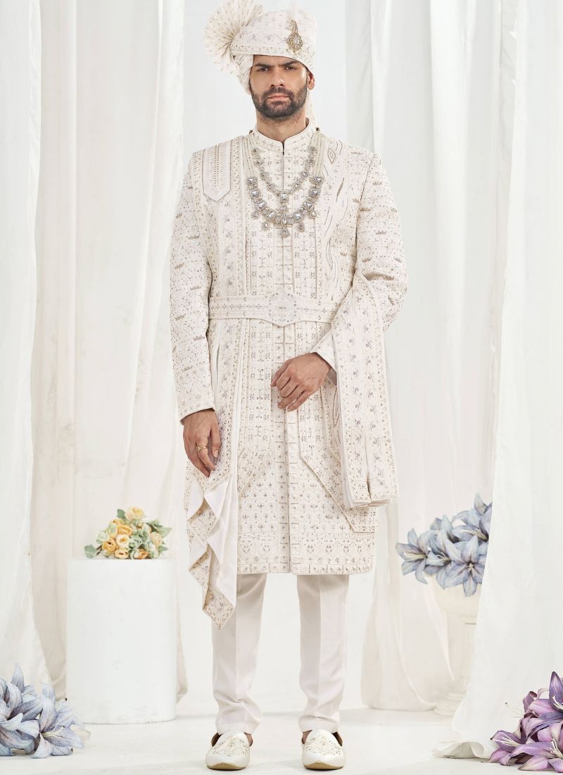 Cream Art Silk Embroidery Mens Wedding Sherwani