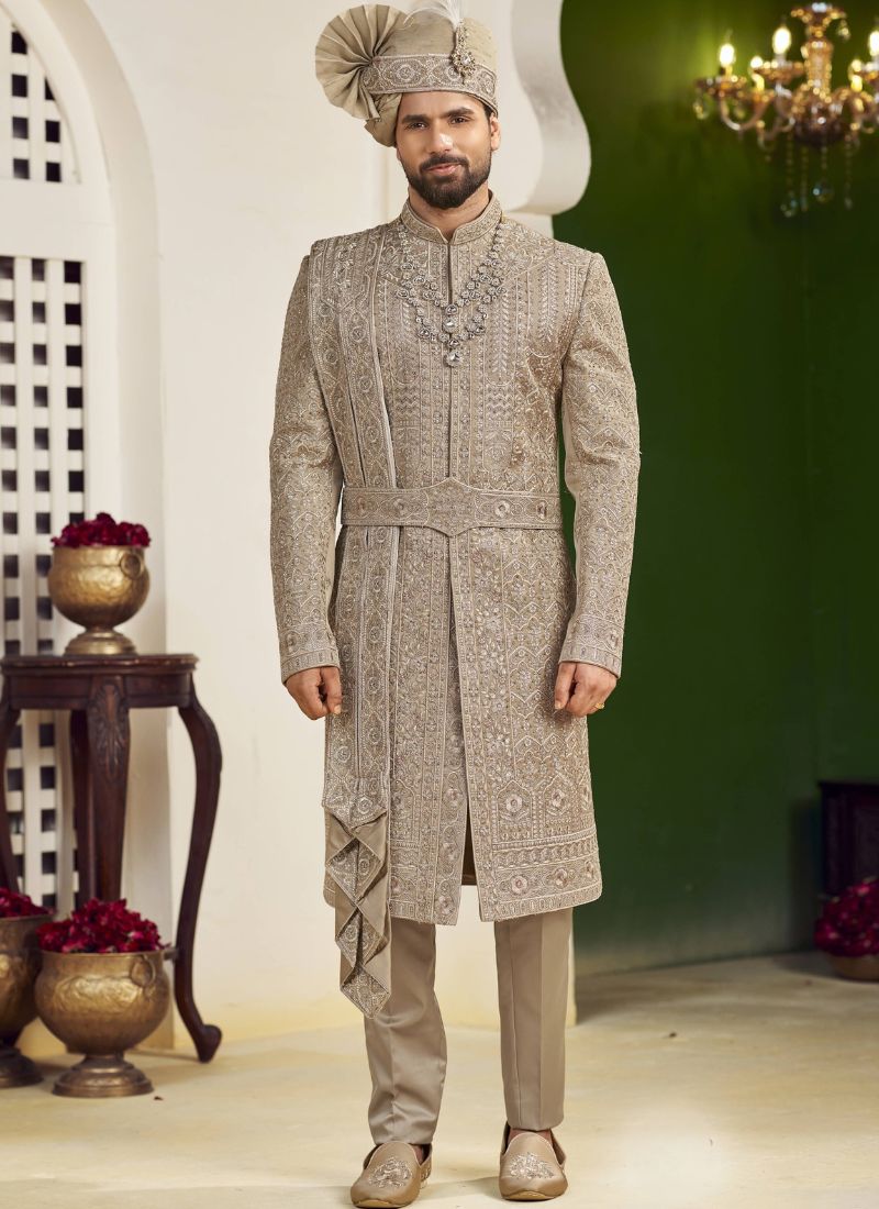 Copper Art Silk Embroidery Mens Wedding Sherwani