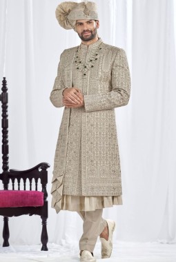 Pista Art Silk Embroidery Mens Wedding Sherwani