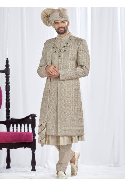 Pista Art Silk Embroidery Mens Wedding Sherwani