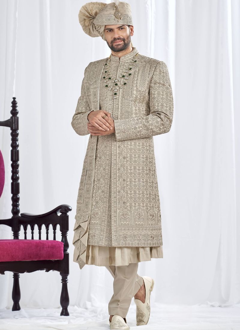 Pista Art Silk Embroidery Mens Wedding Sherwani