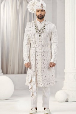 Cream Art Silk Embroidery Mens Wedding Sherwani