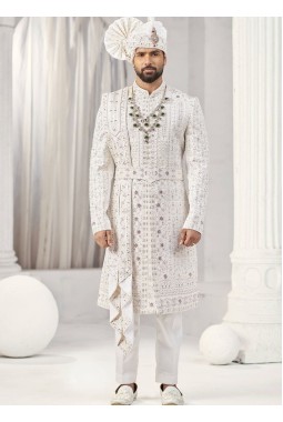 Cream Art Silk Embroidery Mens Wedding Sherwani
