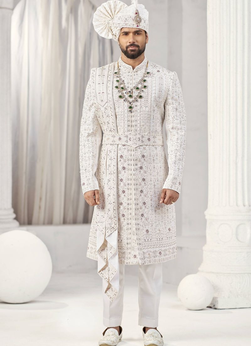 Cream Art Silk Embroidery Mens Wedding Sherwani