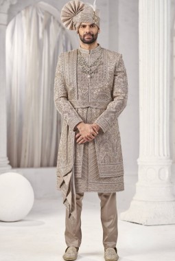 Rust Art Silk Embroidery Mens Wedding Sherwani 