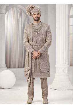 Rust Art Silk Embroidery Mens Wedding Sherwani 