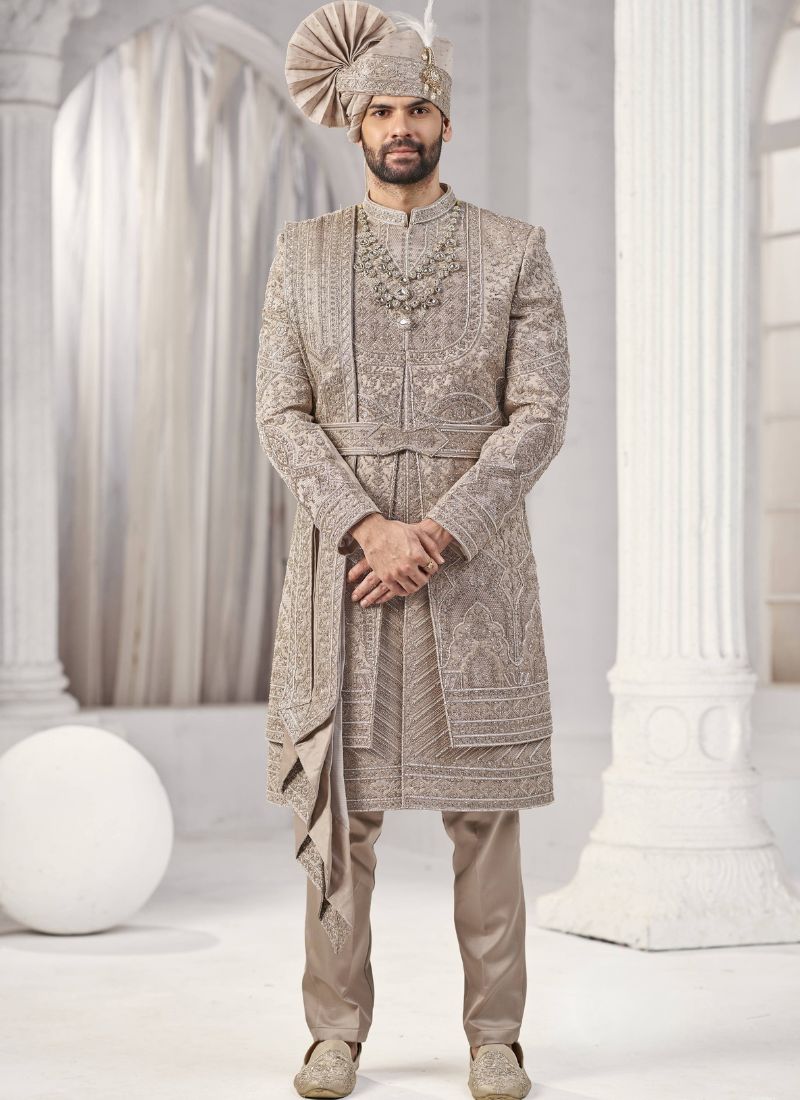 Rust Art Silk Embroidery Mens Wedding Sherwani 