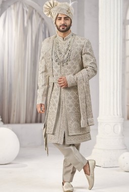 Cream Art Silk Embroidery Mens Wedding Sherwani