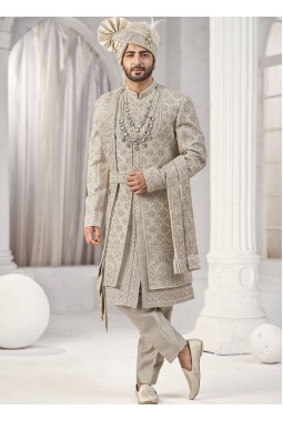 Cream Art Silk Embroidery Mens Wedding Sherwani