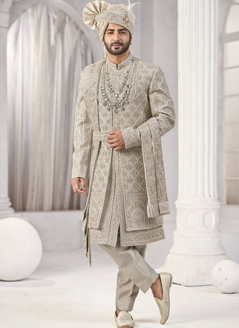 Cream Art Silk Embroidery Mens Wedding Sherwani