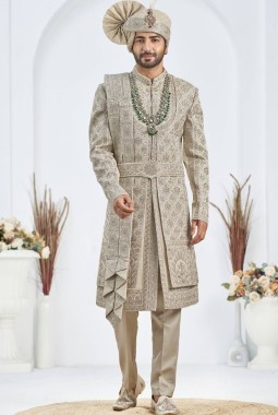 Pista Art Silk Embroidery Mens Wedding Sherwani
