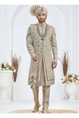 Pista Art Silk Embroidery Mens Wedding Sherwani