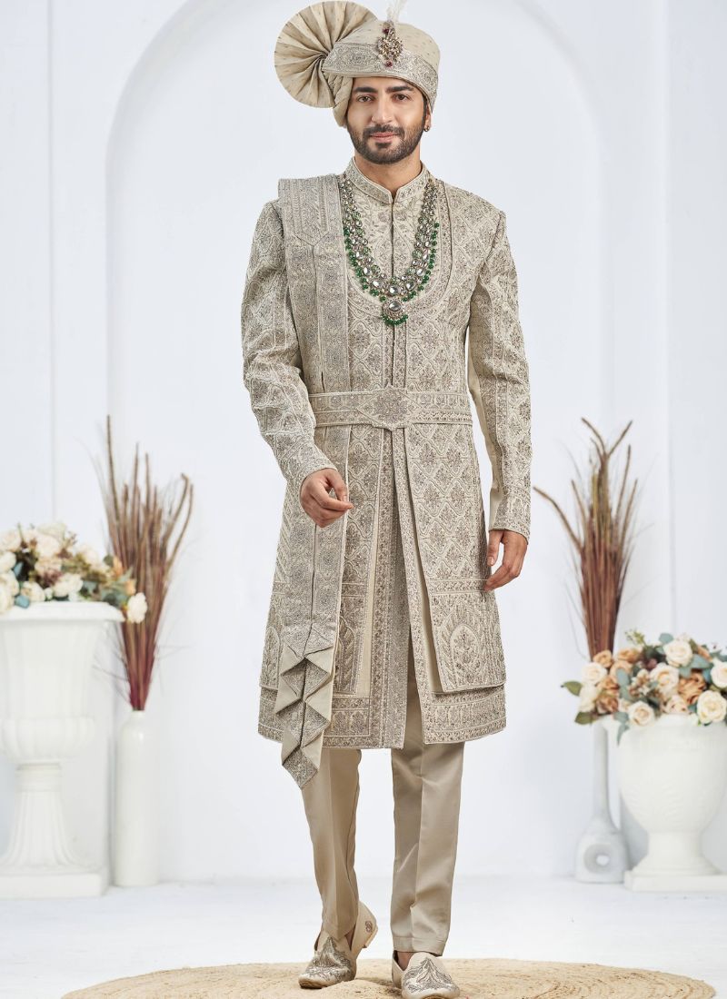 Pista Art Silk Embroidery Mens Wedding Sherwani