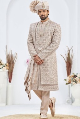 Rose Gold Art Silk Embroidery Mens Wedding Sherwani