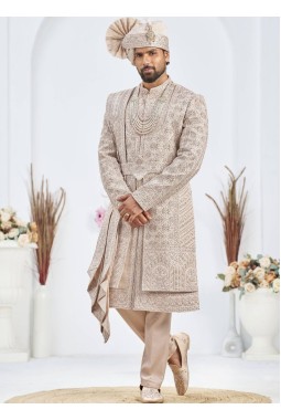 Rose Gold Art Silk Embroidery Mens Wedding Sherwani