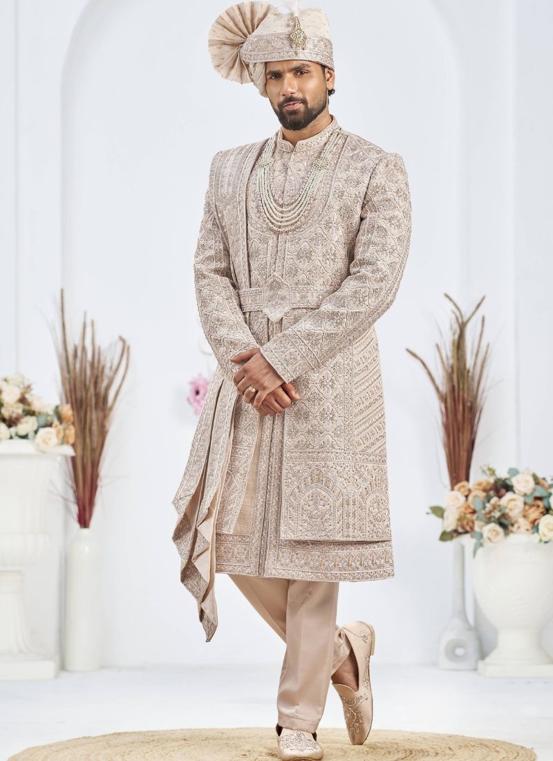 Rose Gold Art Silk Embroidery Mens Wedding Sherwani