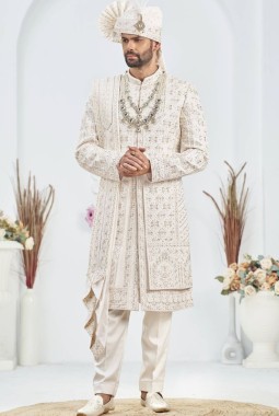 Cream Art Silk Embroidery Mens Wedding Sherwani