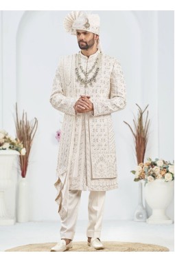Cream Art Silk Embroidery Mens Wedding Sherwani