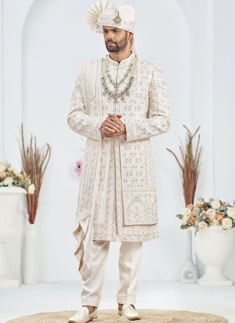 Cream Art Silk Embroidery Mens Wedding Sherwani