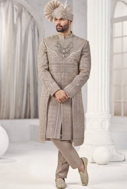 Rust Art Silk Embroidery Mens Wedding Sherwani 