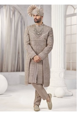Rust Art Silk Embroidery Mens Wedding Sherwani 