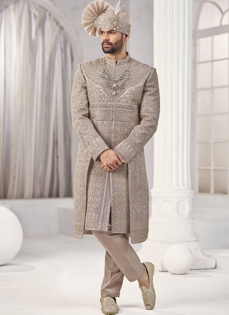 Rust Art Silk Embroidery Mens Wedding Sherwani 