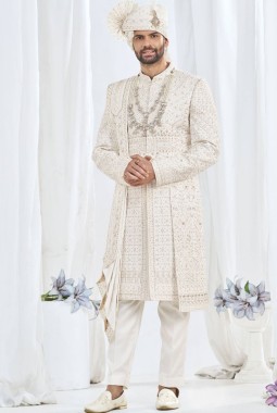 Cream Art Silk Embroidery Mens Wedding Sherwani