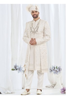 Cream Art Silk Embroidery Mens Wedding Sherwani