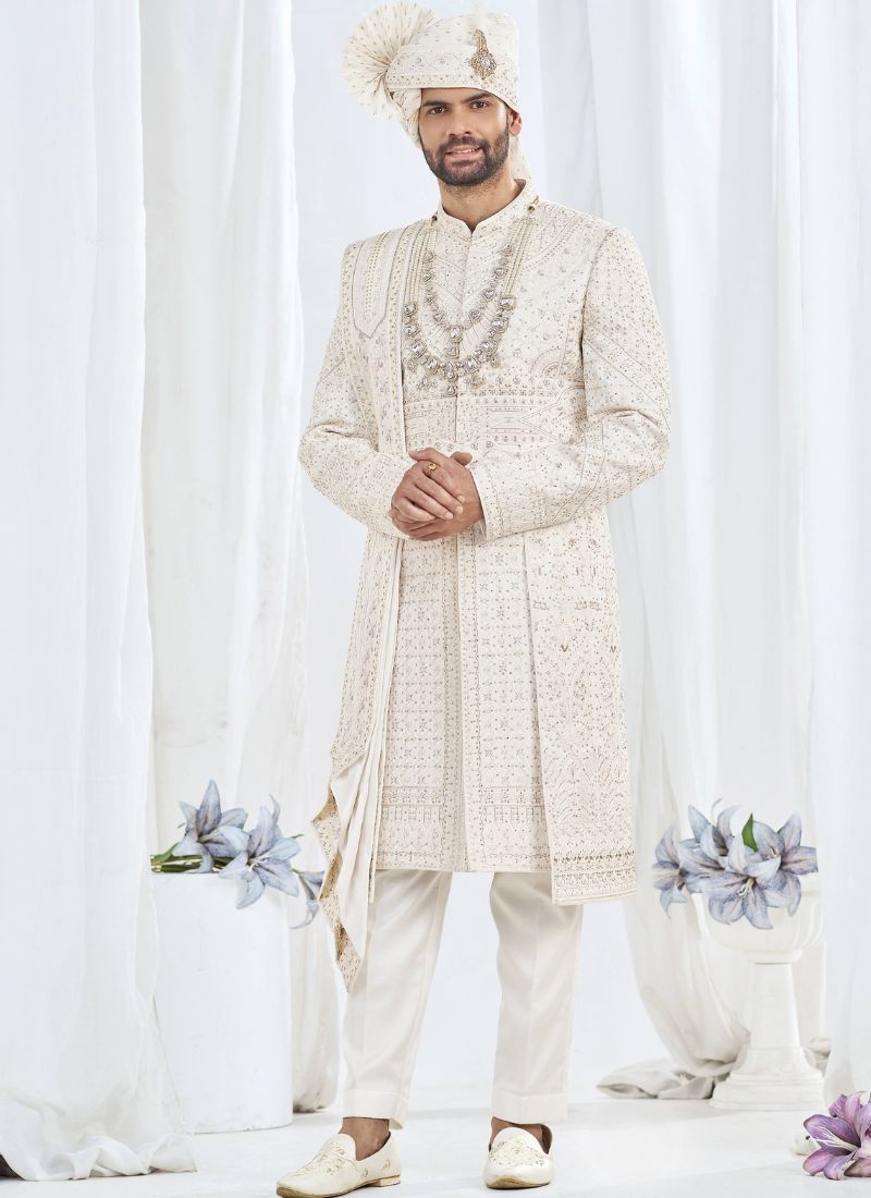 Cream Art Silk Embroidery Mens Wedding Sherwani