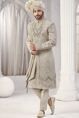 Cream Art Silk Embroidery Mens Wedding Sherwani