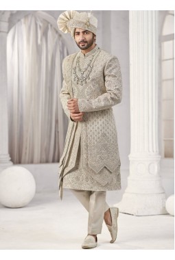 Cream Art Silk Embroidery Mens Wedding Sherwani