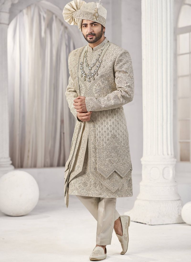 Cream Art Silk Embroidery Mens Wedding Sherwani