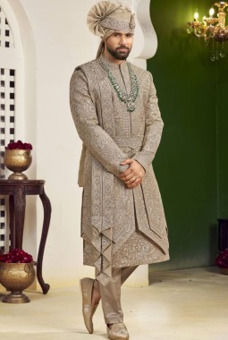 Copper Art Silk Embroidery Mens Wedding Sherwani