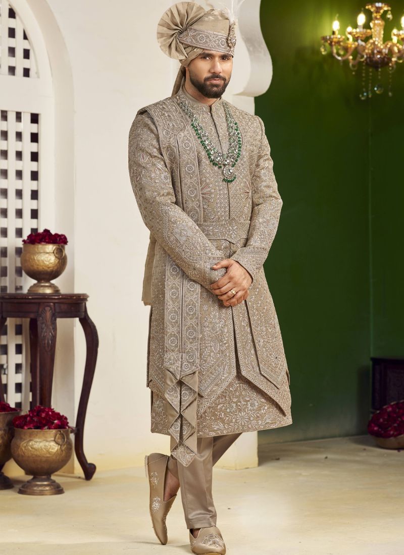 Copper Art Silk Embroidery Mens Wedding Sherwani