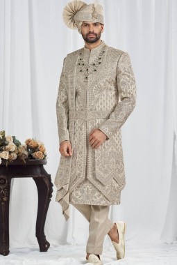 Pista Art Silk Embroidery Mens Wedding Sherwani