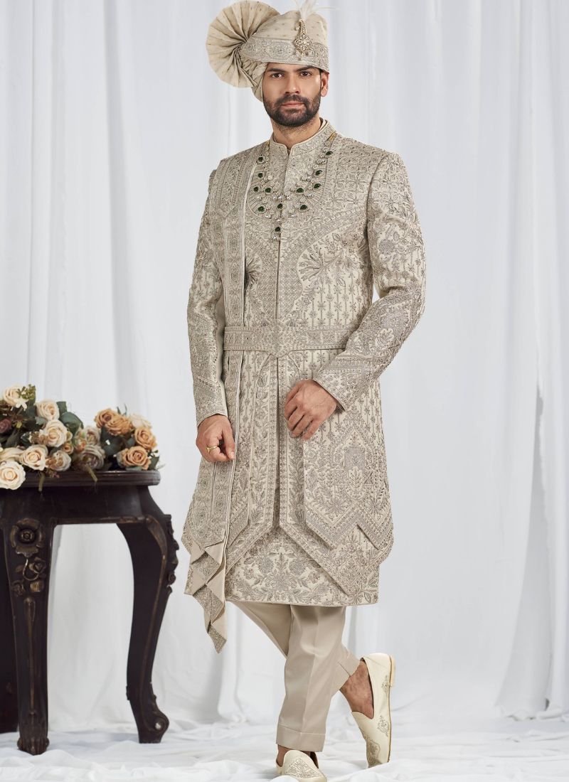 Pista Art Silk Embroidery Mens Wedding Sherwani