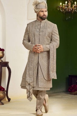 Copper Art Silk Embroidery Mens Wedding Sherwani