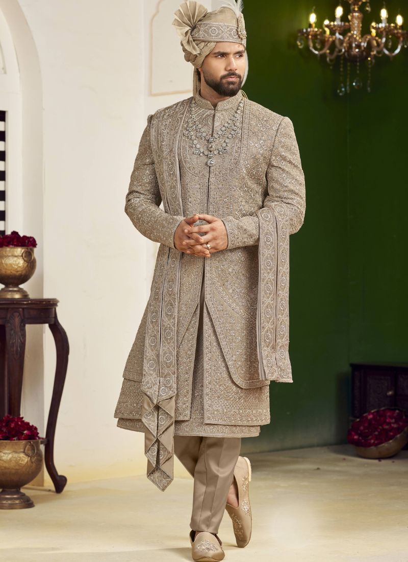 Copper Art Silk Embroidery Mens Wedding Sherwani