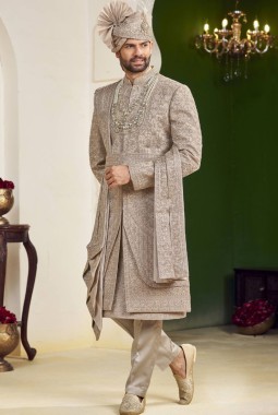 Rust Art Silk Embroidery Mens Wedding Sherwani 