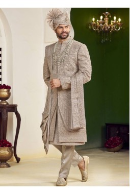 Rust Art Silk Embroidery Mens Wedding Sherwani 